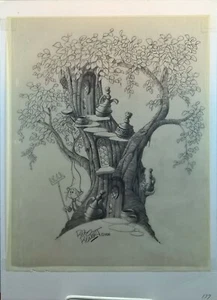 "Elf With Rake" Rick Reinert Original Drawing Unframed Nature Tree Vases Signed - Picture 1 of 3