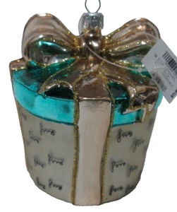 Dillard's Trimmings Vintage blown glass present ornament bow gold blue w/Box NEW - Picture 1 of 16