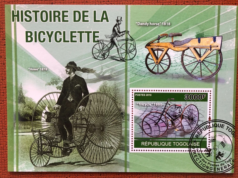 Togo 2010 / History of Bicycles, (TRYCYCLE, HOWE 1878, DANDY HORSE 1818) /1v s/s - Image 1 of 1