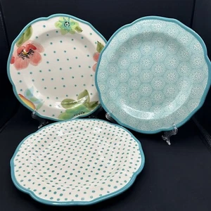 Set Of 6 Pioneer Woman Floral Bloom Polka Dot Teal Blue Dinner Plates 2 Of Each - Picture 1 of 13