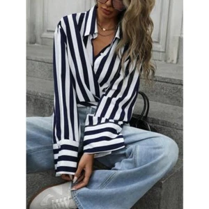 New Women Black Striped Printed Long-sleeved Shirt Lapel Button-down Shirt - Picture 1 of 6