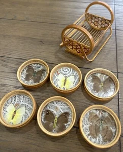 Vtg Set 6 Bamboo Coasters Caddy Wicker Real Butterfly Wings Drink Patio Barware - Picture 1 of 22
