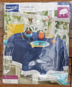 Tischdecke blau, Durchmesser 130x180 cm, für Innen u. Außen, mit weiße Fransen. - Bild 1 von 7