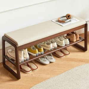 Solid Wood Shoe Bench with Cushion, 2 Tier Shoe Storage Bench for Entryway, Hall - Picture 1 of 10