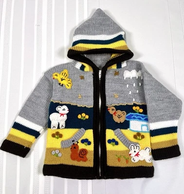 Suéter Chaqueta Hecho a Mano Tejido Peruano Niños Animales de Granja 12-18M Cottage Folk Foto 1 de 4