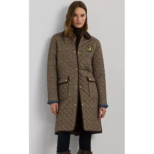 Lauren Ralph Lauren Jacket XL Puffer Brown Plaid Corduroy Long Line Button Crest - Picture 1 of 10