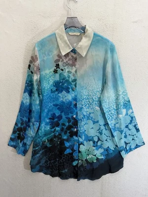 Blusa suave envolvente para mujer túnica floral aguamarina mediana 100 % seda resort nueva sin etiquetas Foto 1 de 4