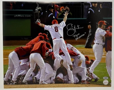 Shane Victorino Signed Phillies 08 WS 16x20 Photo Flyin Hawaiian Insc PSA 697 - Image 1 of 4