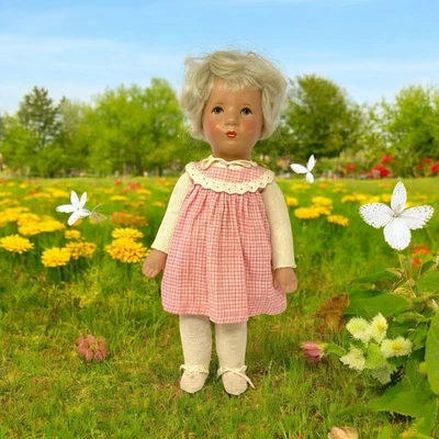 Kathe Kruse Stoffpuppe 14” Blonde Short Hair Pink Plaid Dress - Image 1 of 4