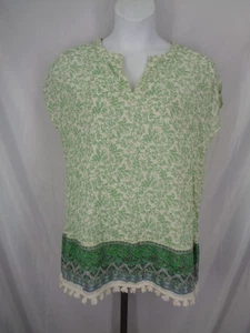 J Jill Mojito Green Vineyard Vine Floral Tassel Tunic Top Medium Lightweight New - Picture 1 of 9