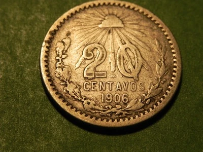 1906 Mexico 20 Centavos Coin, .800 Silver, Radiant liberty cap, Coat of Armsb142 - Image 1 of 2