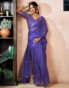 Women's Cotton Linen Ready To Wear one Minute Saree With Unstitched Blouse Piece - Picture 1 of 7