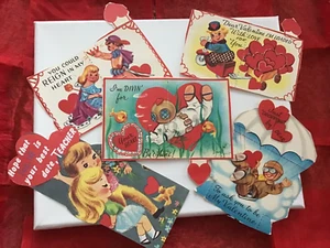 Valentine Cards Vintage 1950 1960s Lot of 5 Cut Outs Used Teacher Retro Props - Picture 1 of 7