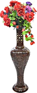 Antique Decorative Brown Hand Curved Mango Wood Floor Flower Vase with Unique Te - Picture 1 of 6