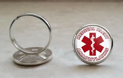 Anaphylaxis Medical Alert 925 纯银可调节戒指 — 第 1/2 张图片