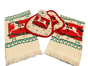 Vintage Christmas Towels & Potholders  Rocking Horse 4 Pc SET Collection NEW - Picture 1 of 9