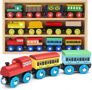 Wooden Train Set Train Toys Magnetic Set Includes 3 Engines -12 PCS - Picture 1 of 12