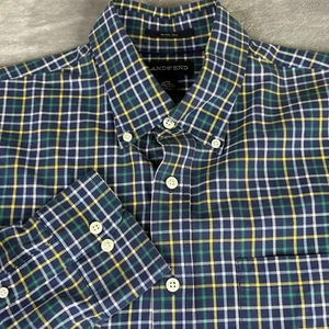 Lands End Button Down Shirt Men M 15-15.5 Blue Multi Color Check Traditional Fit - Picture 1 of 11