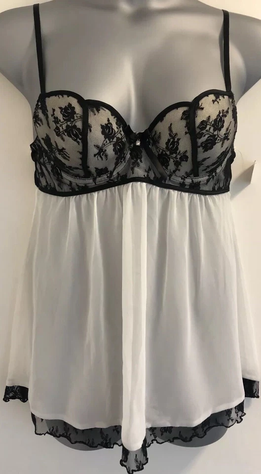Linea Donatella White & Black Bodice Sheer Underwired Chemise & Thong Set Small - Image 1 of 4