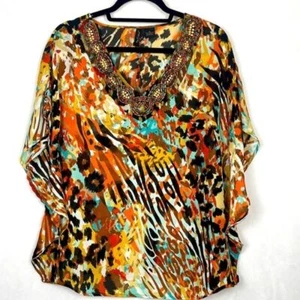 Women's Animal Leopard V-neck Beaded design Blouse Top Size M Nu Options Party - Imagen 1 de 6
