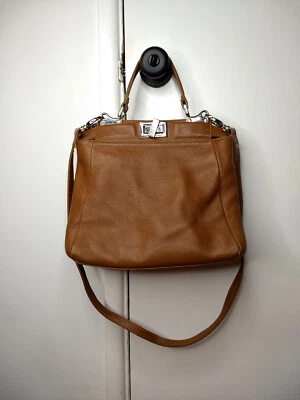 Vera Pelle Brown Leather Tote Crossbody Top Handle Silver Hardware Pockets - Image 1 of 4