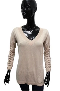 GUESS Womens Beige Sweater Size XS Logo Metal Button Sleeves Chic Original - Picture 1 of 18