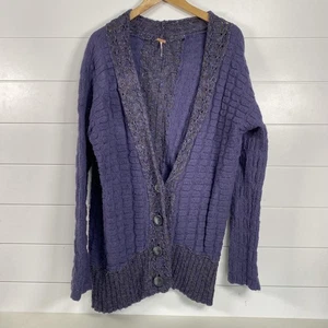 Free People Pullover Damen groß lila Knopfleiste Struktur Cardigan Boho Strick - Bild 1 von 11