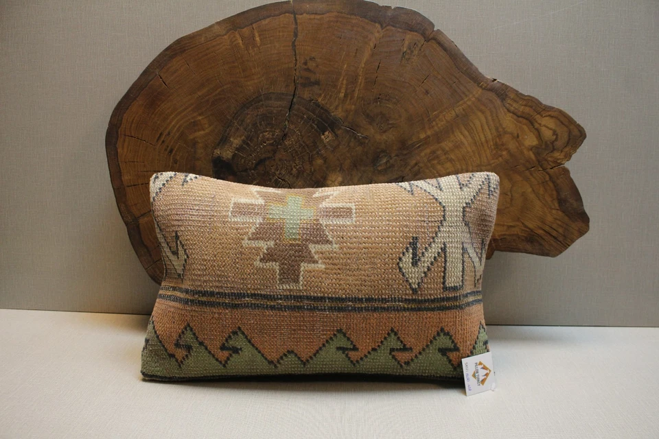 Vintage Turkish Kilim Pillow Cover 16x24 Handmade Brown Green Tribal Cushion - Image 1 of 4