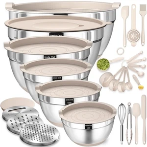 Mixing Bowls with Airtight Lids Set, 26PCS Stainless Steel Khaki Bowls with Gra - Picture 1 of 7