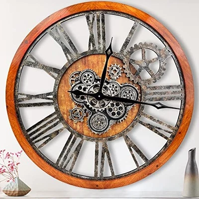 The B-Style 36" Large Moving Gear Wall Clock 36 inch Brwon With Bronze Gears - Image 1 of 4