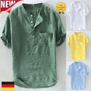 Herren Knöpfe Baumwolle Leinen Hemd Sommer Kurz Arm Freizeit Locker Top T-Shirt - Bild 1 von 17