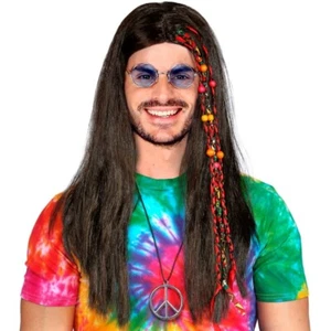 schwarze 70er HIPPIE HERREN Perücke Langhaar Perlen Flechtzöpfe Flower #0652 - Bild 1 von 1