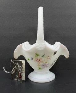 Fenton Opal Satin Ribbed Lamb's Tongue Basket Hand Painted Pansies A. Farley - Picture 1 of 11