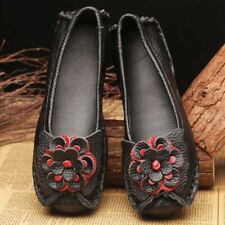 Womens Handmade Flower Ethnic Style Female Non-slip Flat Loafers Leather Shoes
