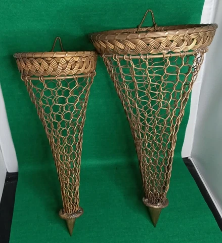 pair Vintage woven brass wire wall pockets hanging vase heavy Cover