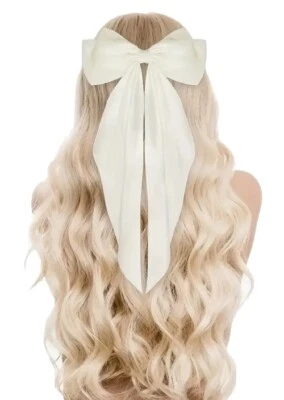 Ivory Cream Satin Stylish Bow with Big Ribbon Hair Clip All Hair Types Non Slip - Image 1 of 4