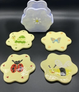 HAND PAINTED SET OF 4 CERAMIC PLATES COASTERS SIGNED KJM HOBBYISTS PIECE - Picture 1 of 6