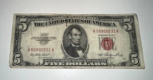 5 DOLLAR BILL SERIES 1953 RED SEAL GOOD CONDITION - Picture 1 of 3