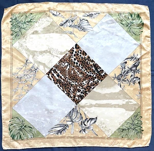 🌿 Vintage Silk Scarf – 32" Leopard BOTANICAL Patchwork Beige Green Jungle Chic - Picture 1 of 6