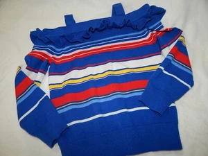 VHTF Janie and Jack Girls 5 Colorful Striped Blue Cold Shoulder Ruffle Sweater 5 - Picture 1 of 7
