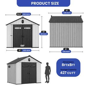 Weatherproof Resin Outdoor Storage Shed HDPE 8x8 ft Lockable, Ventilated & Floor - Picture 1 of 12