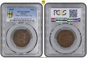 FRANCE ESSAI 5 CENTIMES COIN 1840 YEAR GAD-145 RARE BARRE PCGS GRADING SP58BN - Picture 1 of 1