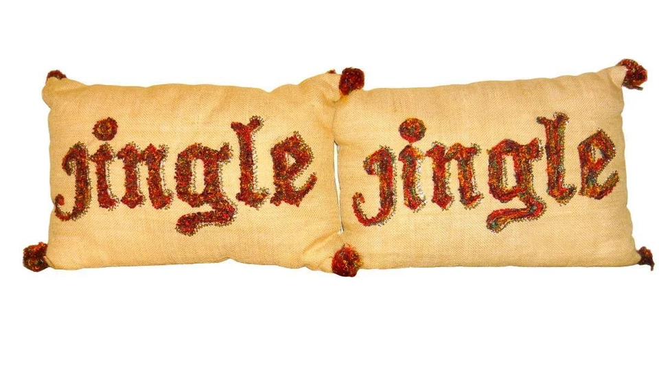 2 Burlap Jingle Bell Lumbar Throw Pillow Rustic Christmas Decor 19"x13" Beaded - Image 1 of 4