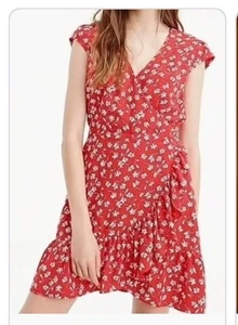 NWT J Crew red white floral faux wrap dress with ruffle 6 P - Picture 1 of 7