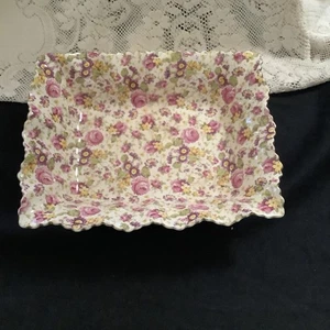 Vintage James Kent Floral Chintz Square Ruffled Trinket Dish "Rapture" 3007 10x8 - Picture 1 of 5
