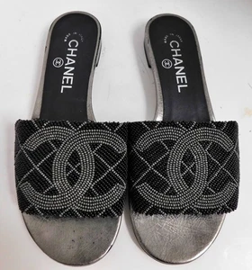 Chanel 20P Black Grey Pearl Embroidery Bead CC Logo Slide Sandal Mule Flats 36 - Picture 1 of 6