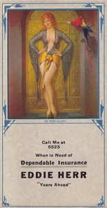 De colección Gene Pressler Miss Glory 1940 Pinup Girl Blotter Pelirroja Mujer Loro - Imagen 1 de 2