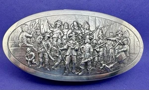 ANTIQUE DUTCH .833 SOLID SILVER REPOUSSE "NIGHT WATCH" SCENE OVAL TRINKET BOX - Picture 1 of 14