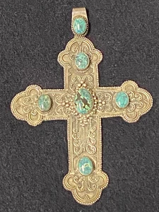 Großer 4" Kreuz Anhänger 925 Sterling Silber mit türkisen Steinen ~ 32 Gramm - Bild 1 von 7
