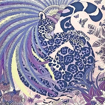 Hermes Bufanda Estola Jaguar Quetzal Malva Púrpura Animal Seda Bandana Auténtico Carre 90 Foto 1 de 4